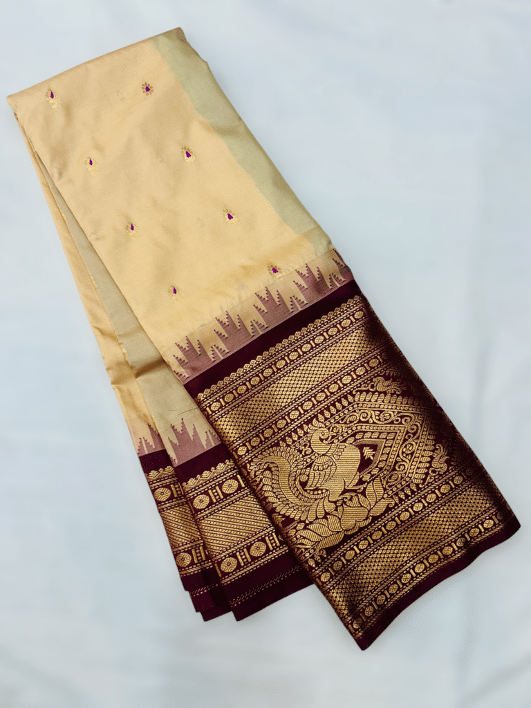 Light Beige Premium Semi Gadwal Saree with Wine Temple Kuttu Border and Meena Buttas