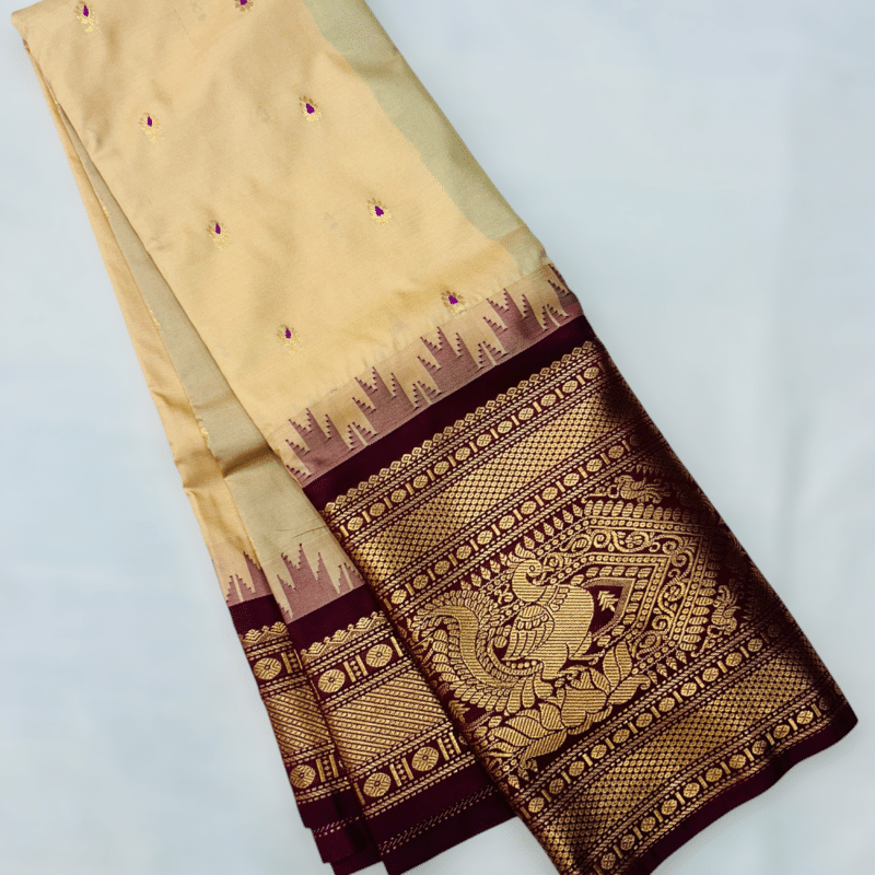 Light Beige Premium Semi Gadwal Saree with Wine Temple Kuttu Border and Meena Buttas