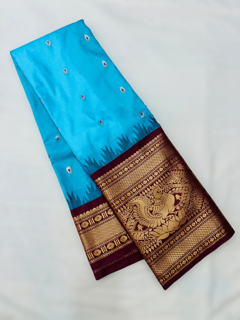 Sky Blue Premium Semi Gadwal Saree with Wine Temple Kuttu Border and Meena Buttas