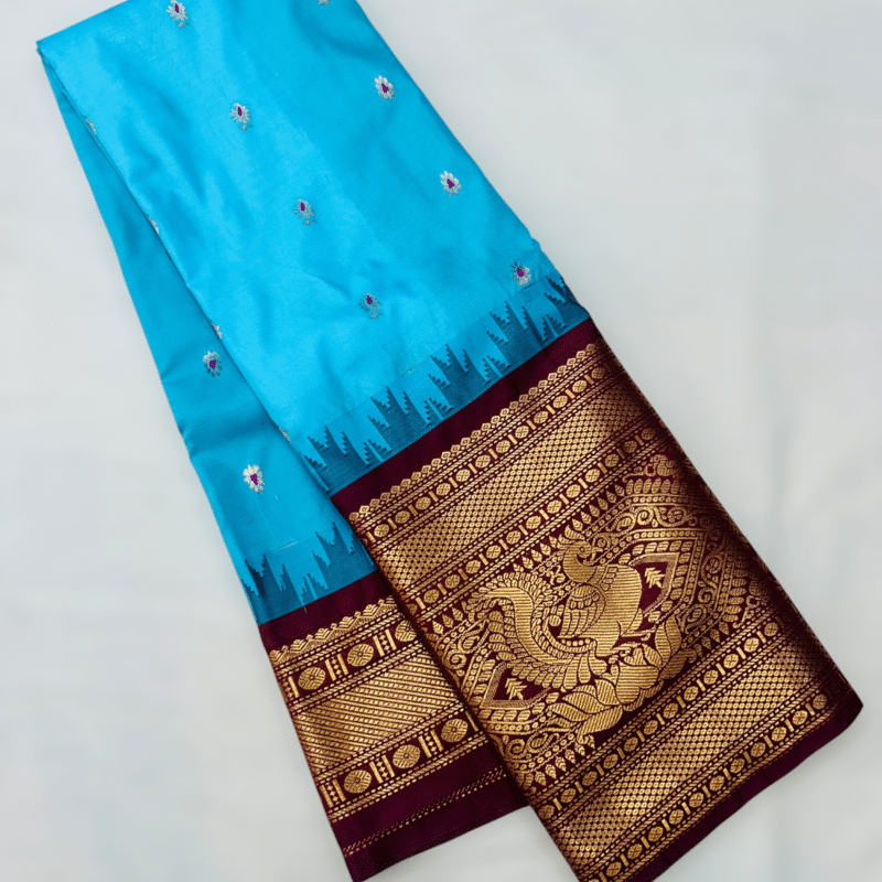 Sky Blue Premium Semi Gadwal Saree with Wine Temple Kuttu Border and Meena Buttas