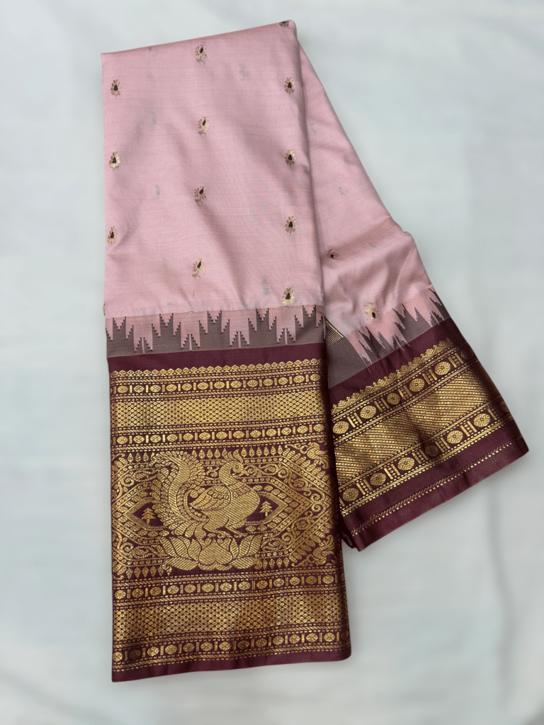 Baby Pink Premium Semi Gadwal Saree with Maroon Temple Kuttu Border and Meena Buttas