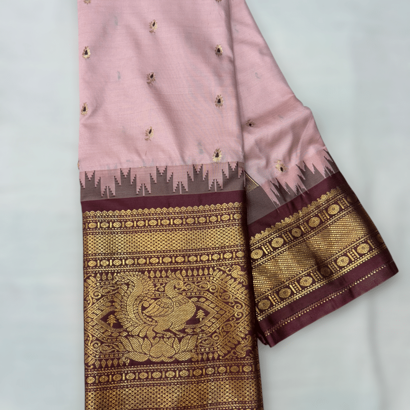 Baby Pink Premium Semi Gadwal Saree with Maroon Temple Kuttu Border and Meena Buttas
