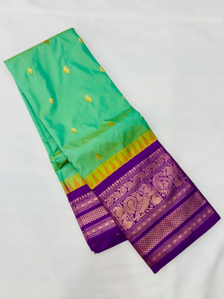 Sea Green Premium Semi Gadwal Saree with Purple Temple Kuttu Border and Gold Buttas