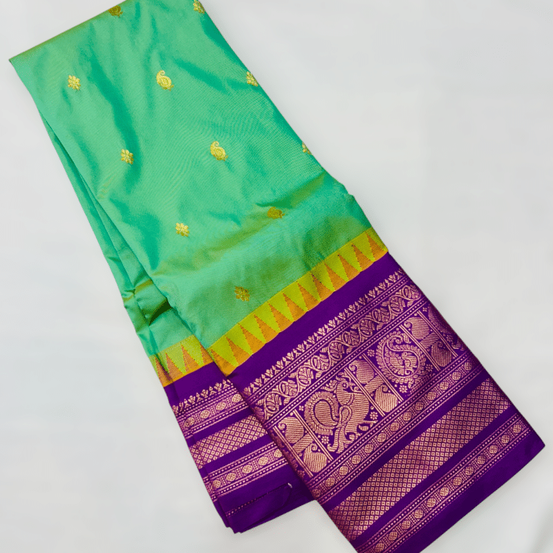 Sea Green Premium Semi Gadwal Saree with Purple Temple Kuttu Border and Gold Buttas