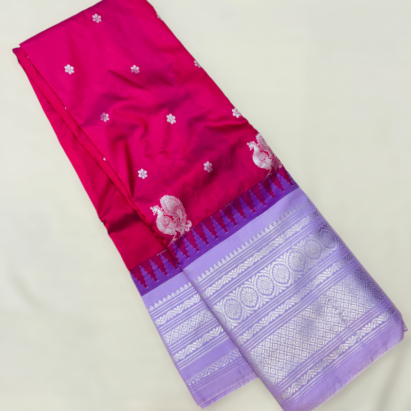 Rani Pink Premium Semi Gadwal Saree with Lavender Temple Kuttu Border - pallu detail