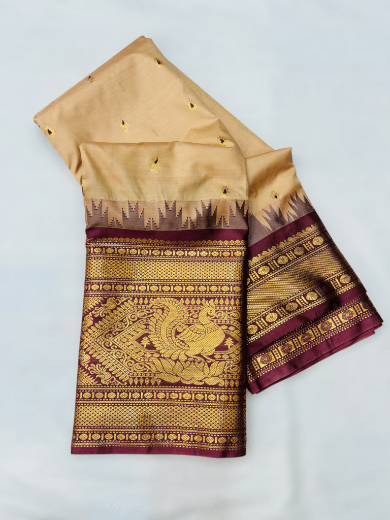 Beige Premium Semi Gadwal Saree with Maroon Temple Kuttu Border and Gold Buttas