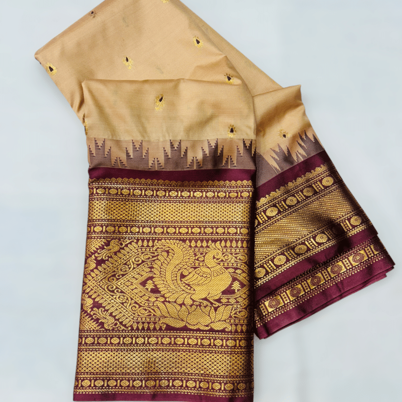 Beige Premium Semi Gadwal Saree with Maroon Temple Kuttu Border and Gold Buttas