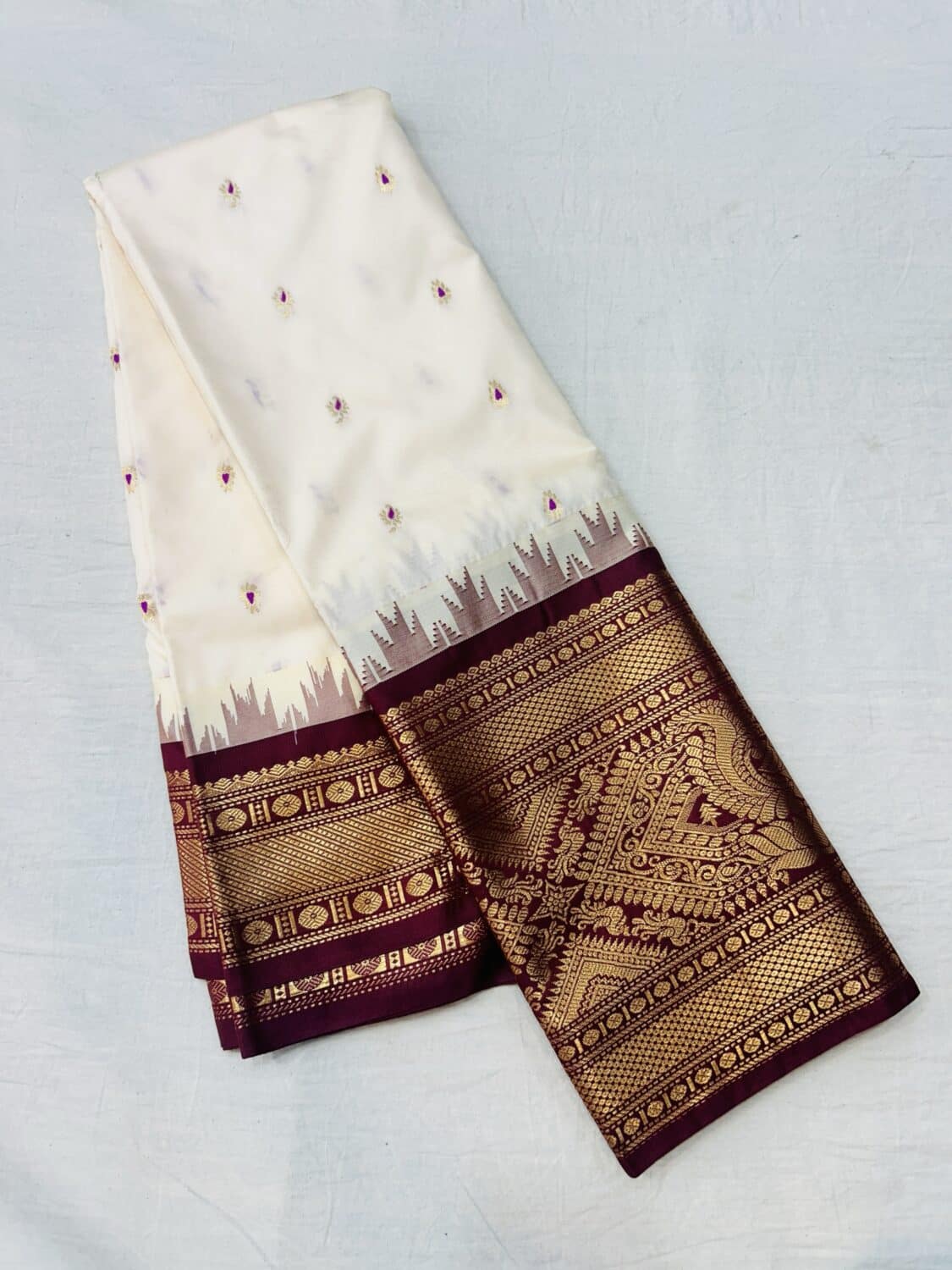 Off White Semi Gadwal Saree with Maroon Temple Kuttu Border & Wide Zari Pallu