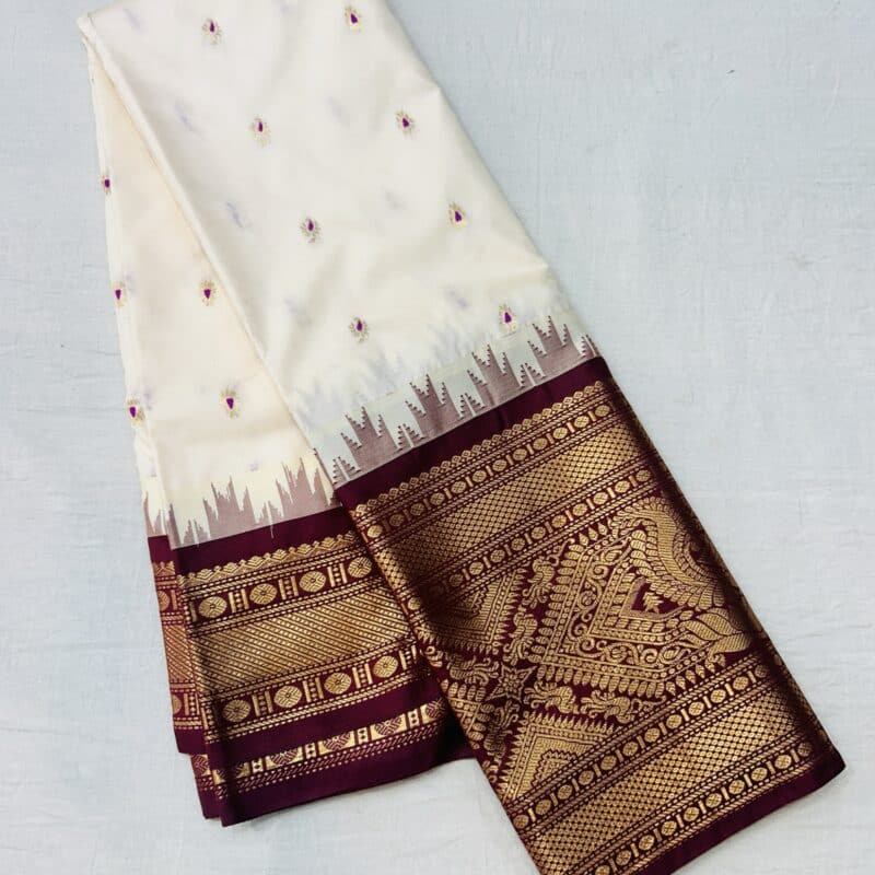 Off White Semi Gadwal Saree with Maroon Temple Kuttu Border & Wide Zari Pallu