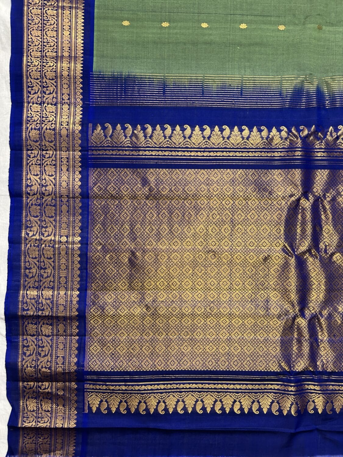 Sage Green & Royal Blue Pure Handloom Sico Gadwal Saree
