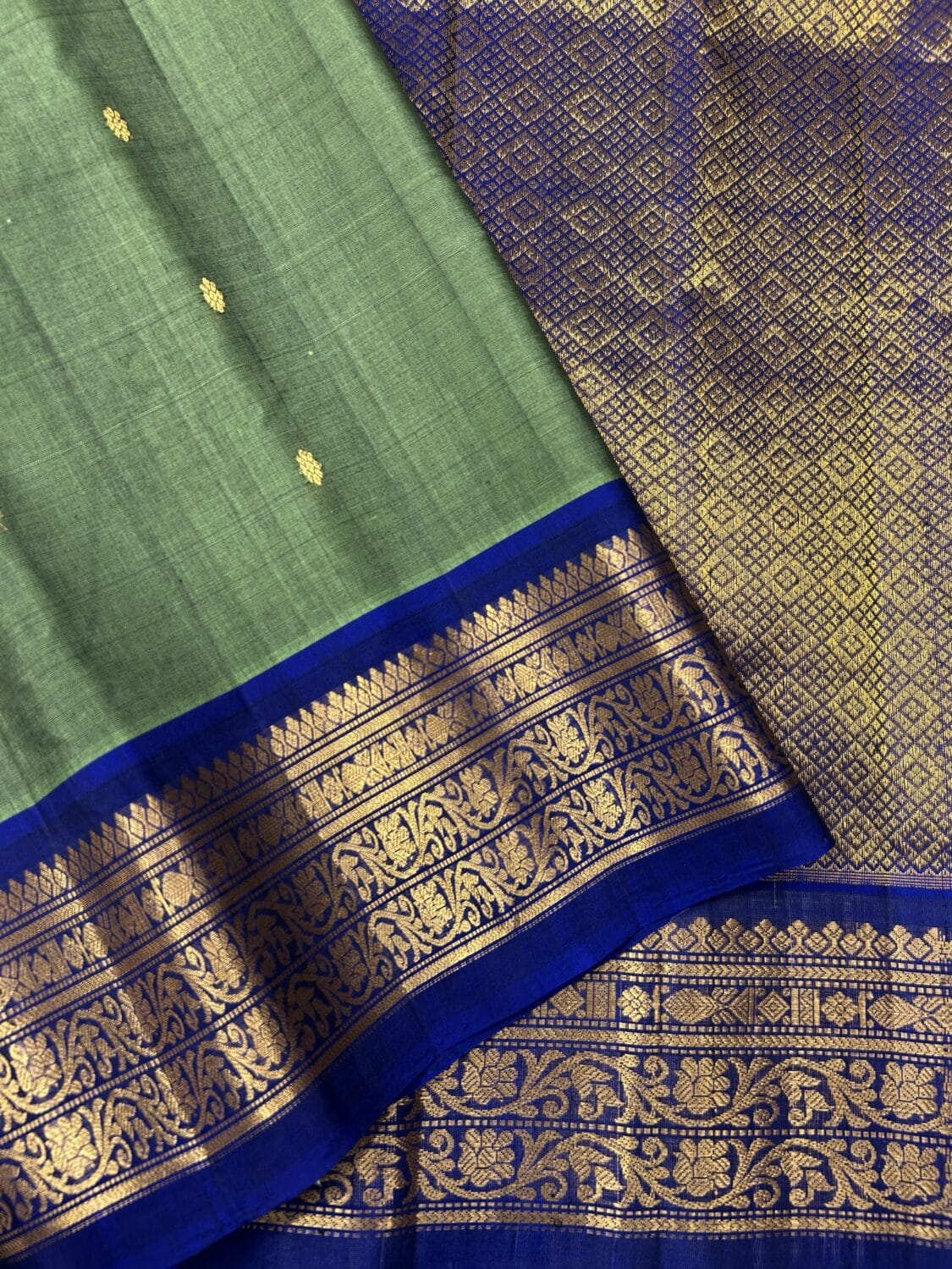 Sage Green & Royal Blue Pure Handloom Sico Gadwal Saree