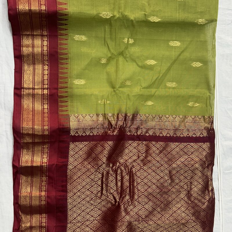 Lime Green Original Cotton Gadwal Saree with Maroon Temple Kuttu Border & Zari Butta