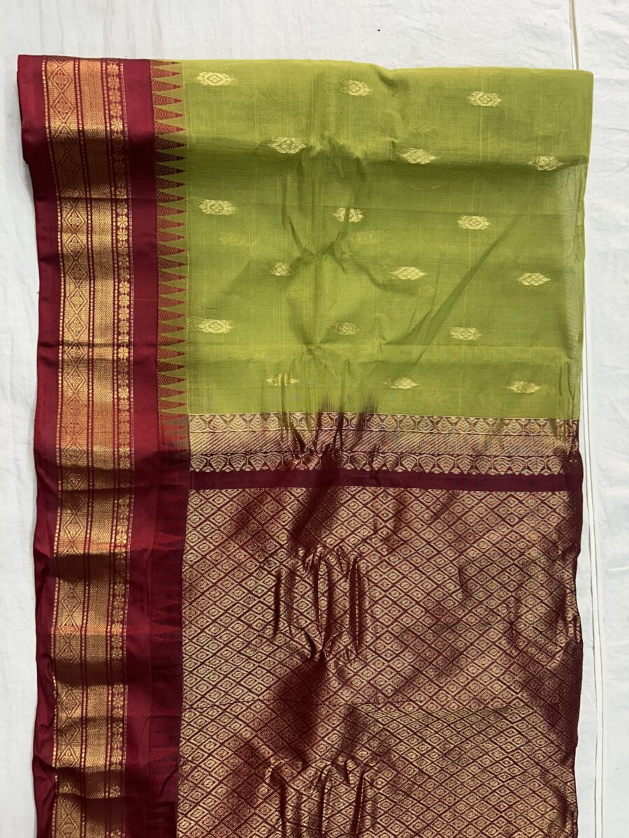 Lime Green Original Cotton Gadwal Saree with Maroon Temple Kuttu Border & Zari Butta