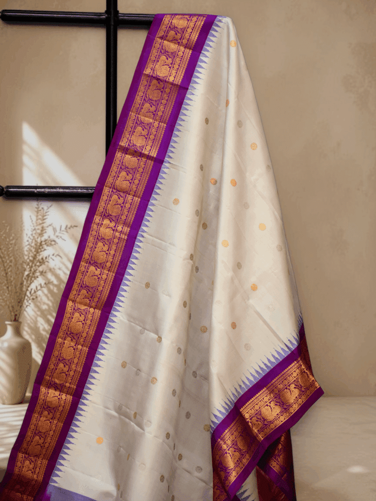 Off White & Purple Pure Handloom Gadwal Silk Dupatta with Kuttu Border - view 2