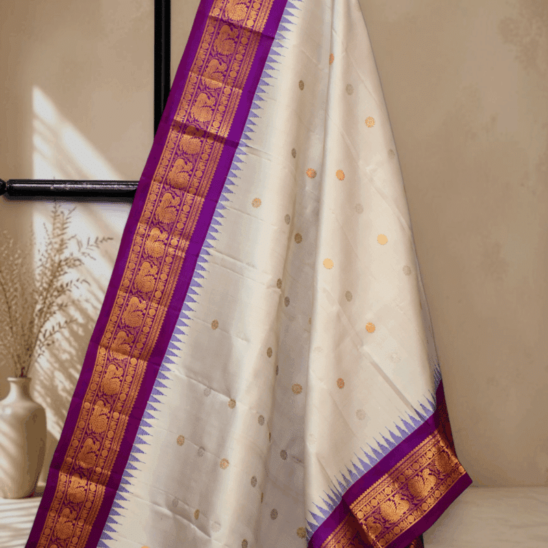 Off White & Purple Pure Handloom Gadwal Silk Dupatta with Kuttu Border - view 2