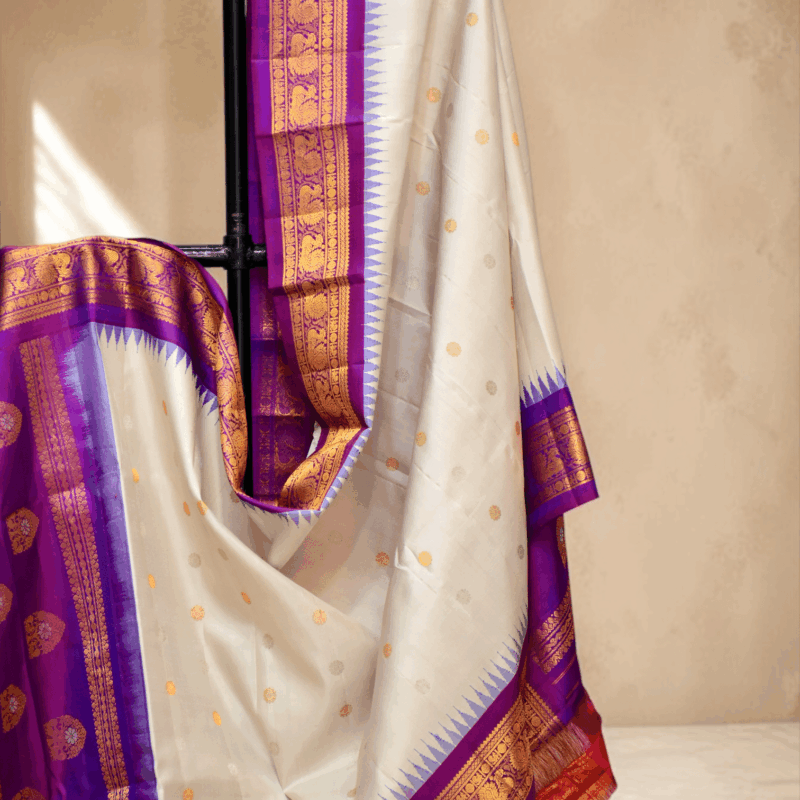 Off White & Purple Pure Handloom Gadwal Silk Dupatta with Kuttu Border - view 3