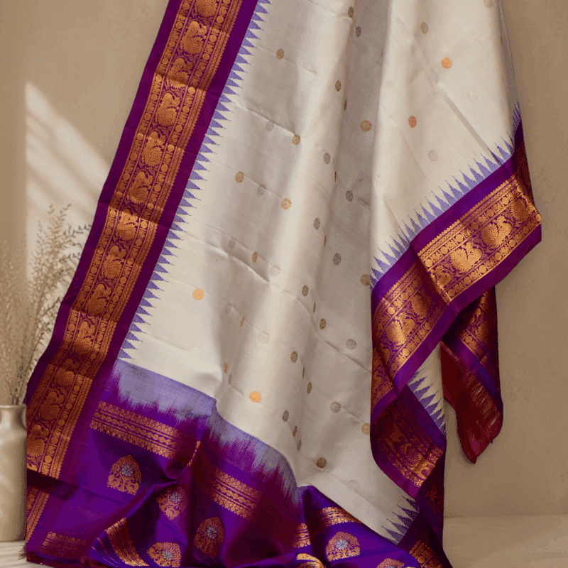 Off White & Purple Pure Handloom Gadwal Silk Dupatta with Kuttu Border - view 4