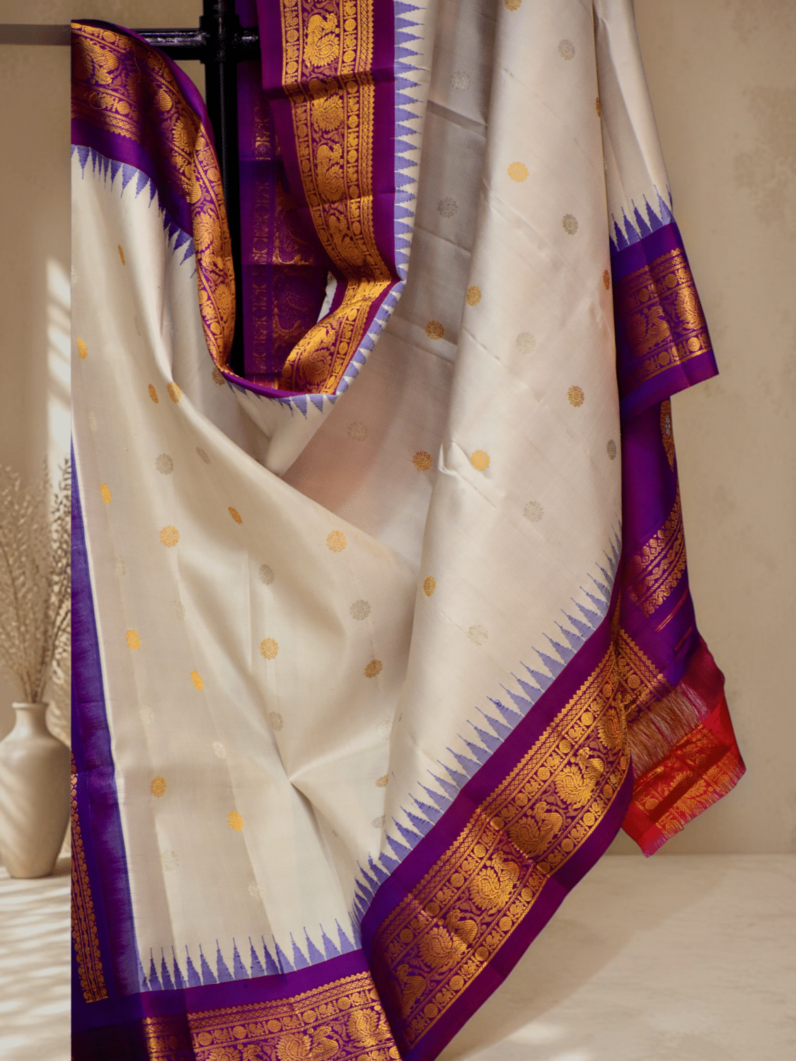 Off White & Purple Pure Handloom Gadwal Silk Dupatta with Kuttu Border | Traditional