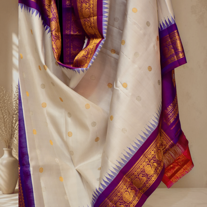 Off White & Purple Pure Handloom Gadwal Silk Dupatta with Kuttu Border - view 5