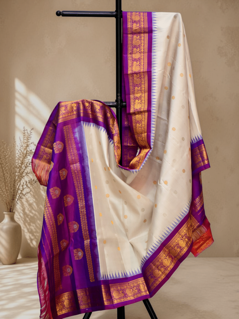 Off White & Purple Pure Handloom Gadwal Silk Dupatta with Kuttu Border