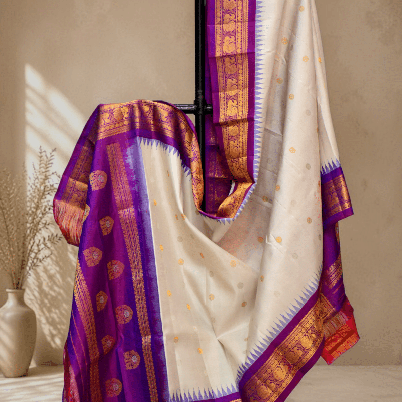 Off White & Purple Pure Handloom Gadwal Silk Dupatta with Kuttu Border