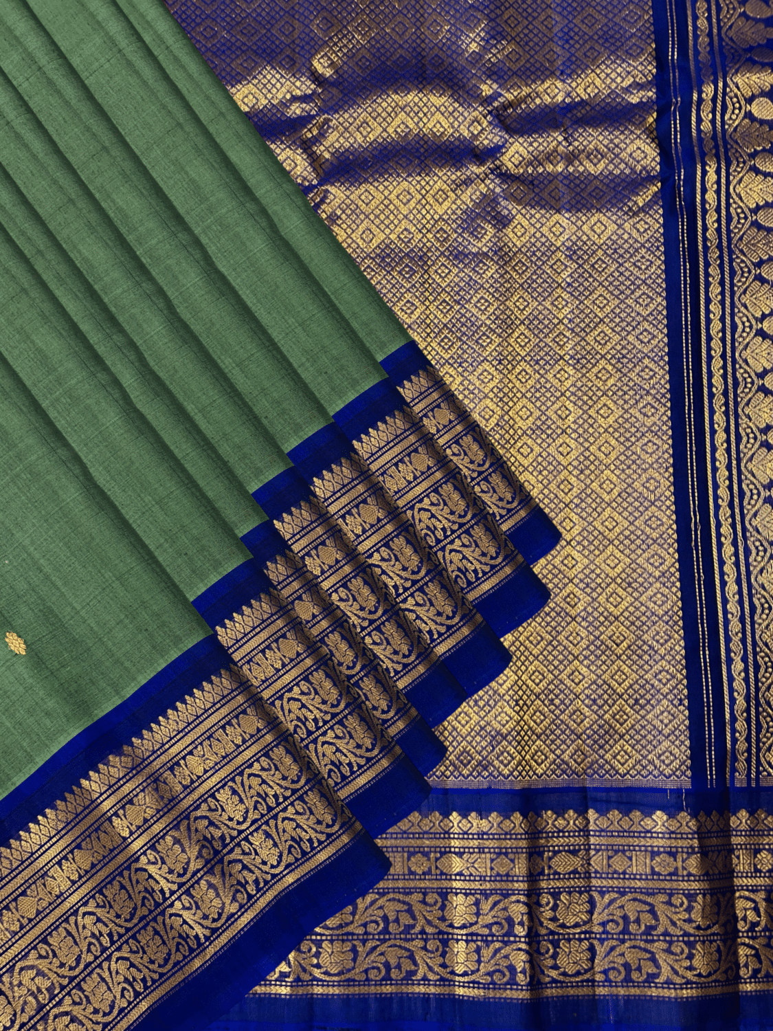 Sage Green & Royal Blue Pure Handloom Sico Gadwal Saree