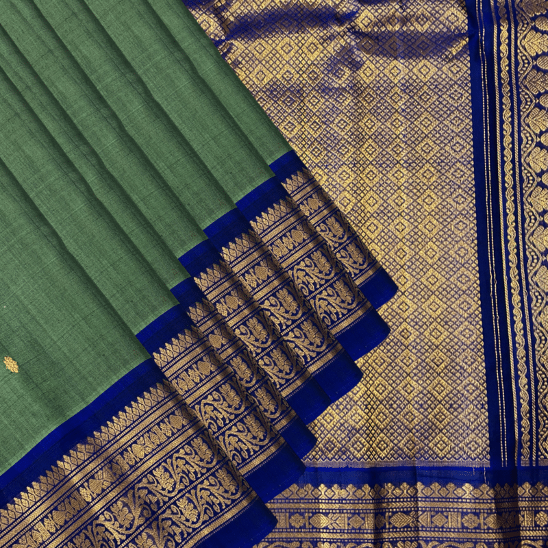 Sage Green & Royal Blue Pure Handloom Sico Gadwal Saree - view 5