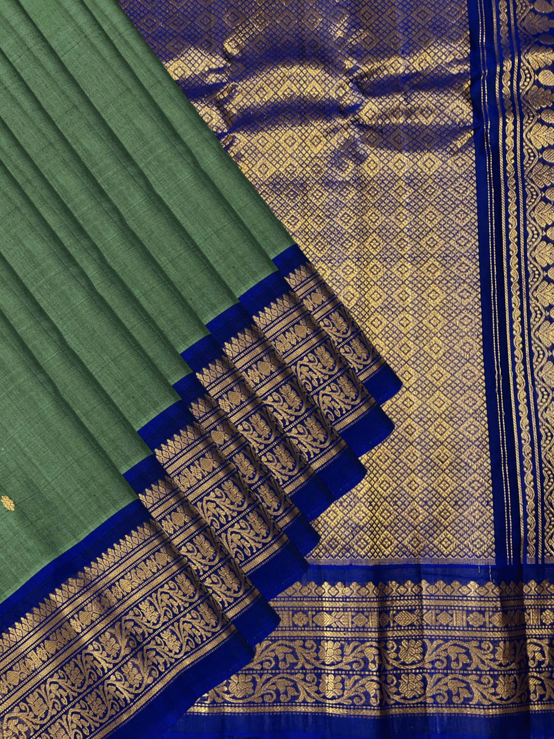 Sage Green & Royal Blue Pure Handloom Sico Gadwal Saree