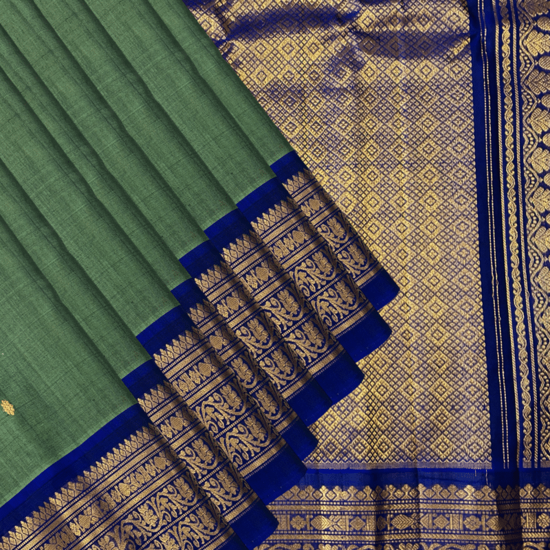 Sage Green & Royal Blue Pure Handloom Sico Gadwal Saree