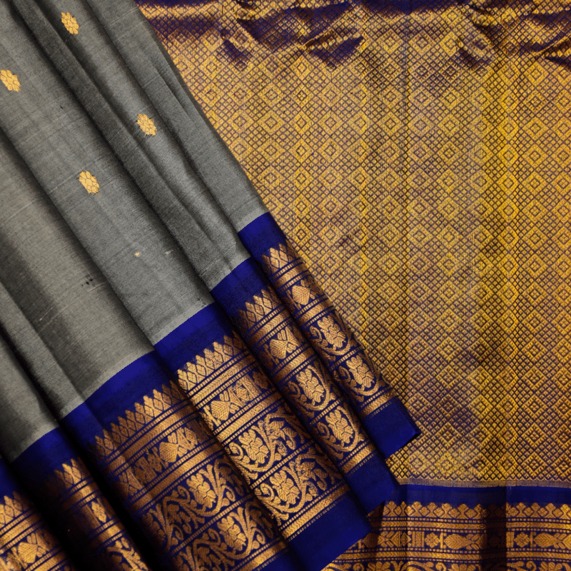 Grey & Royal Blue Pure Handloom Sico Gadwal Saree