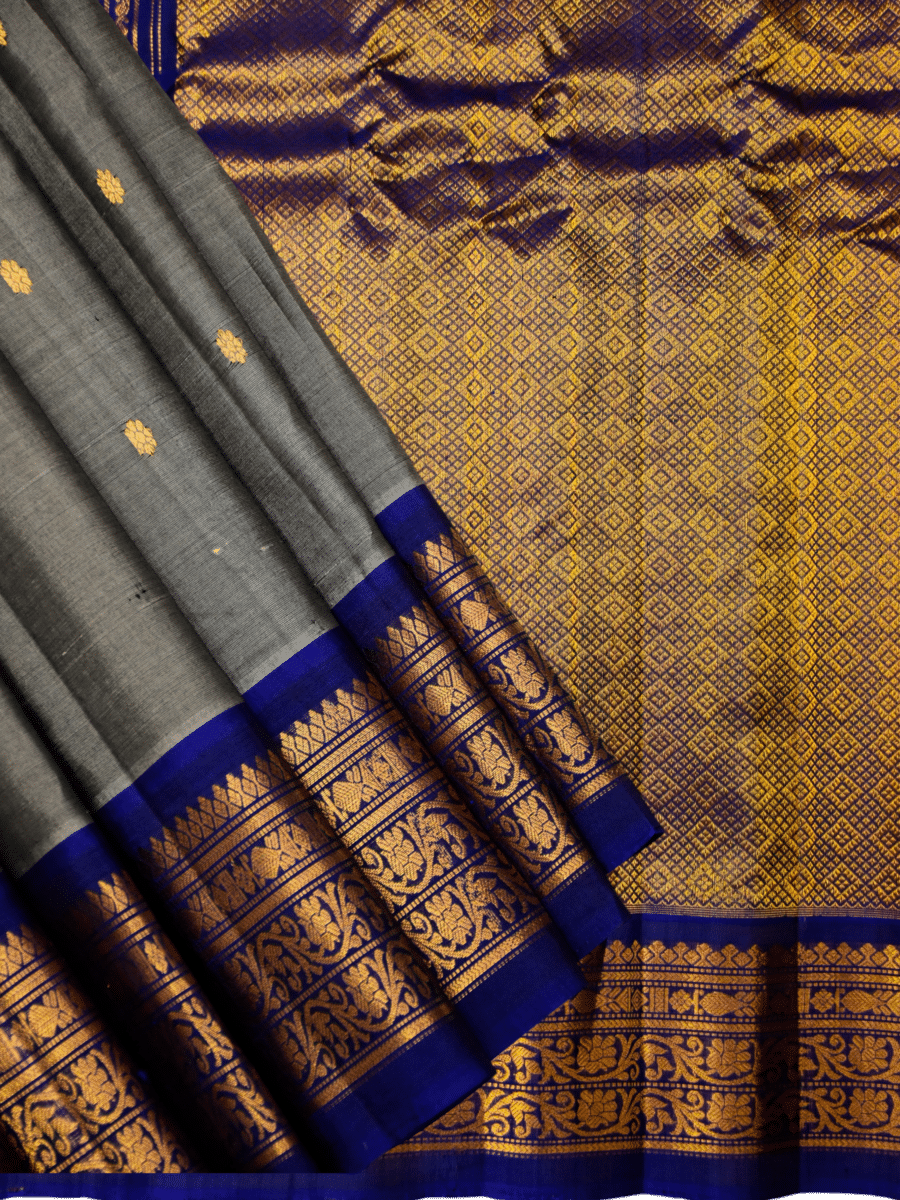Grey & Royal Blue Pure Handloom Sico Gadwal Saree