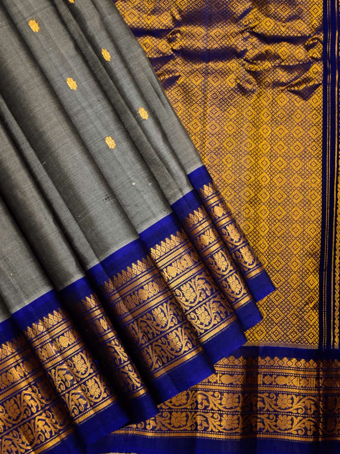 Grey & Royal Blue Pure Handloom Sico Gadwal Saree