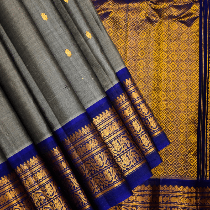 Grey & Royal Blue Pure Handloom Sico Gadwal Saree - view 4