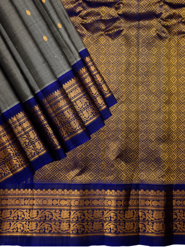 Grey & Royal Blue Pure Handloom Sico Gadwal Saree - view 2