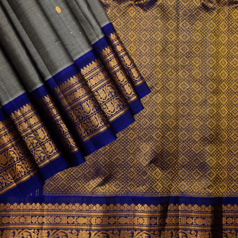 Grey & Royal Blue Pure Handloom Sico Gadwal Saree - view 2