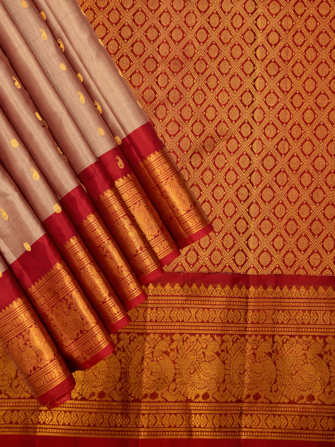 Rose gold mix & Red Pure Sico Gadwal Saree