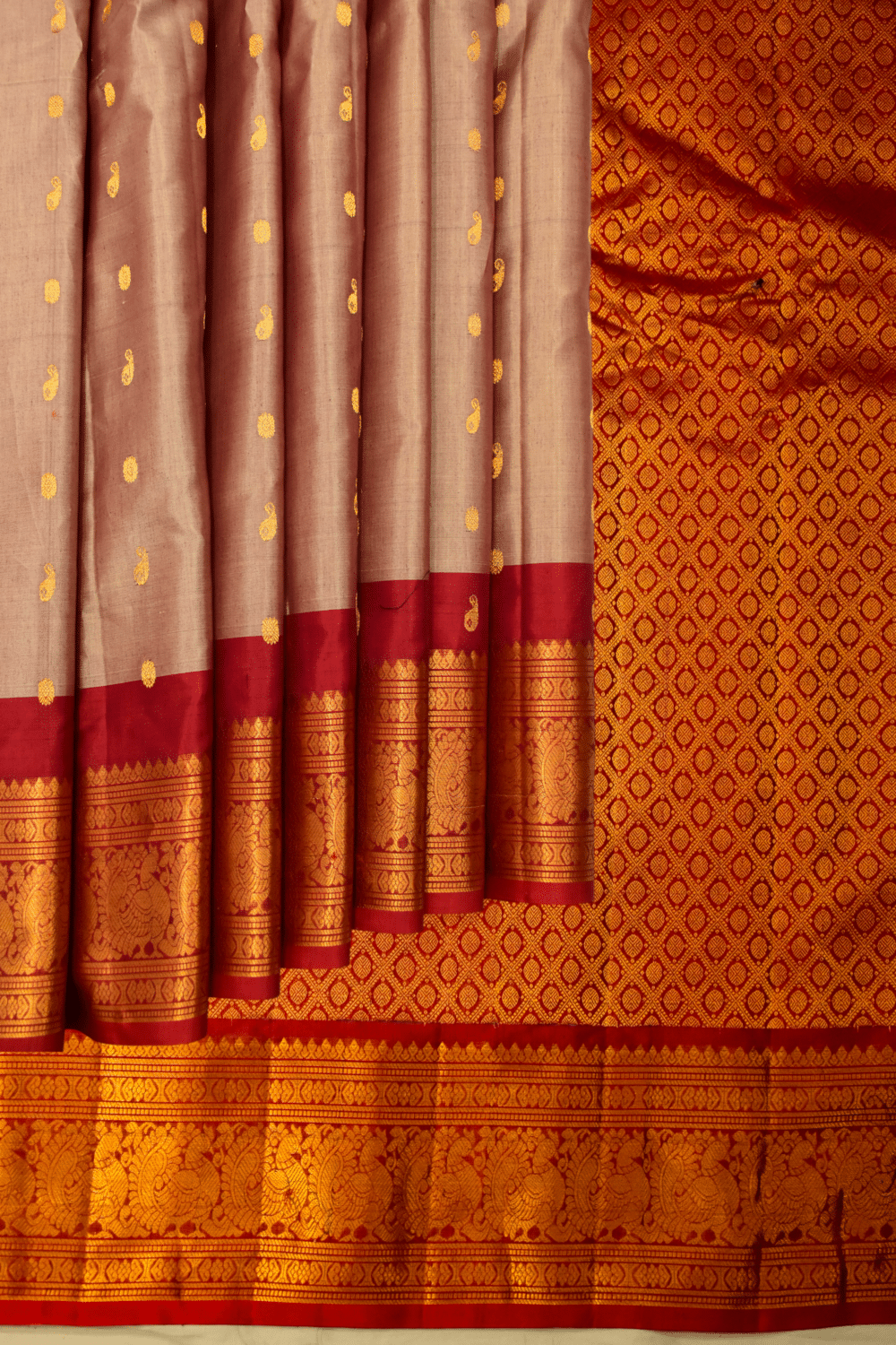 Rose gold mix & Red Pure Sico Gadwal Saree