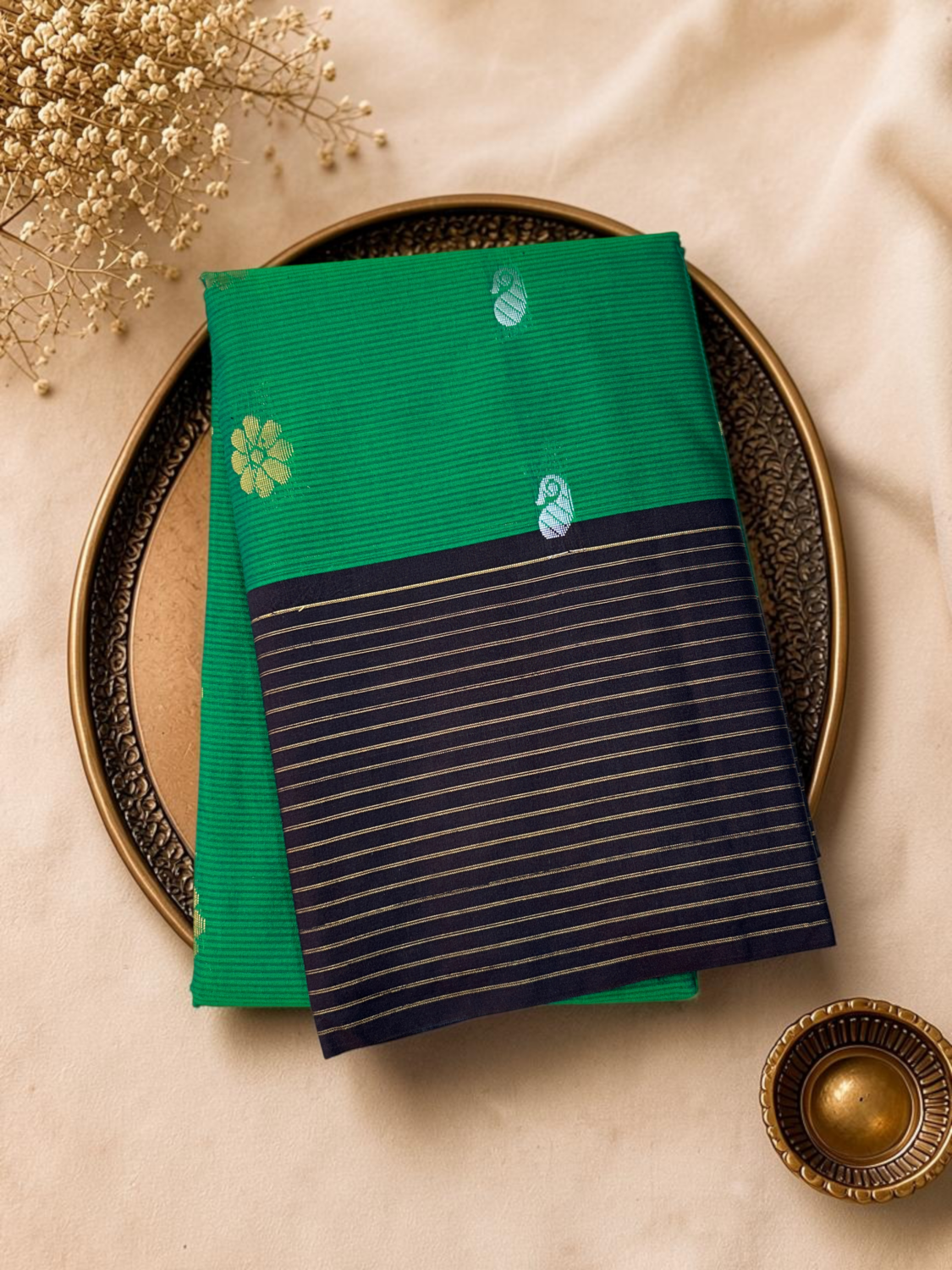 Parrot Green Navy Blue Contrast Sico Gadwal Saree