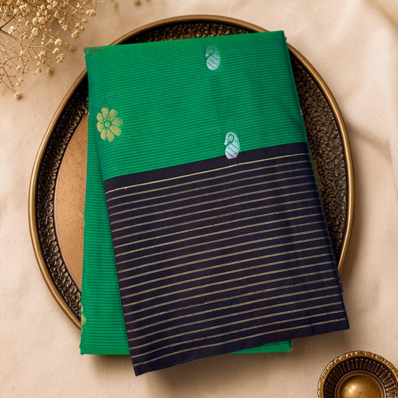 Parrot Green Navy Blue Contrast Sico Gadwal Saree