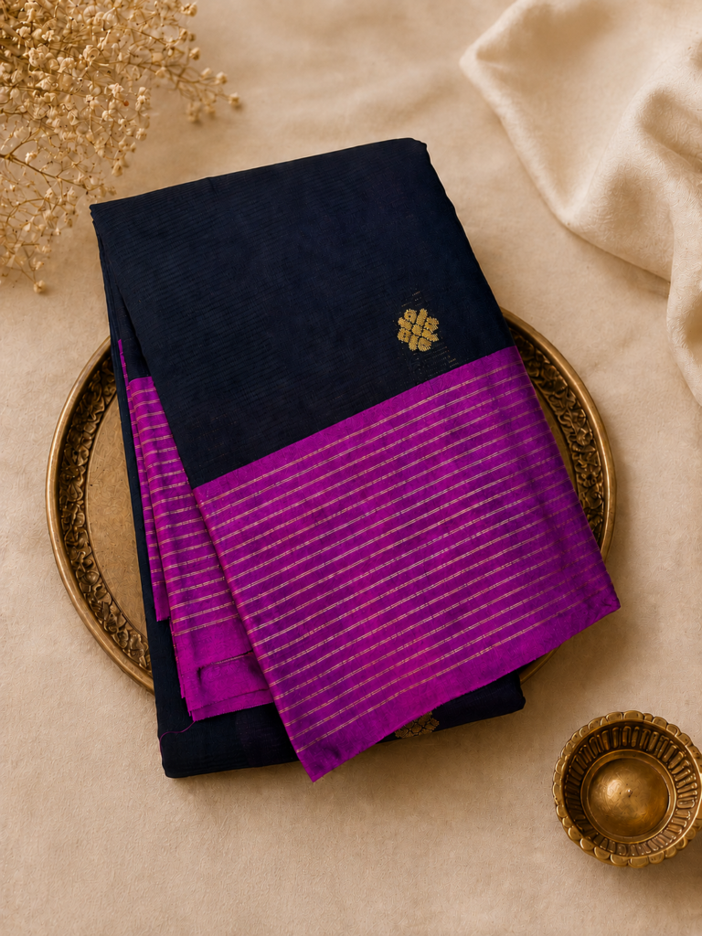 black magenta sico gadwal cotton silk saree zari butta striped border