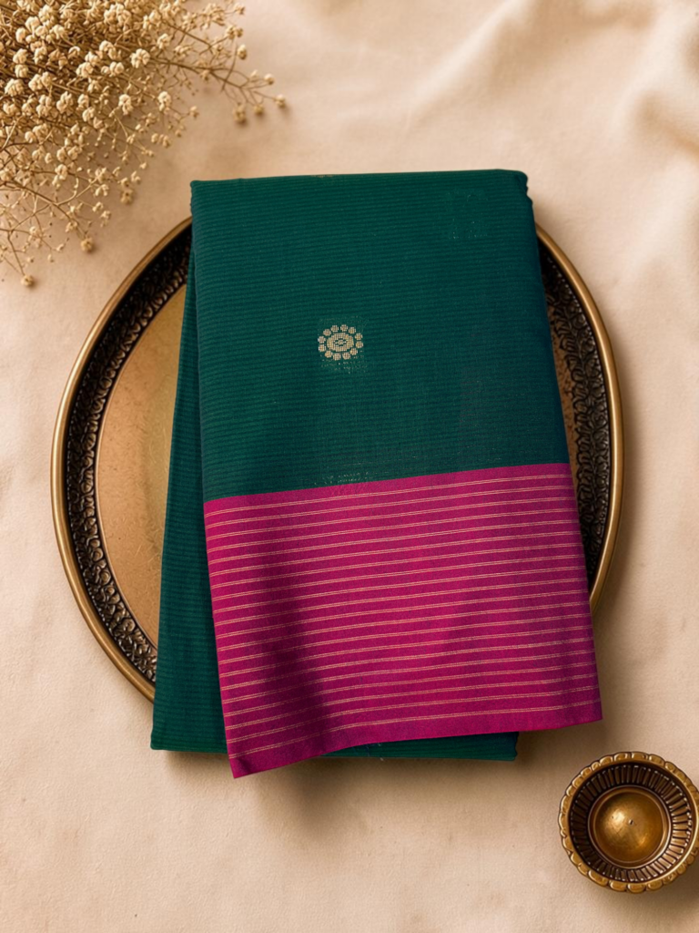 bottle green magenta contrast sico gadwal saree striped border zari butta rich pallu contrast plain blouse