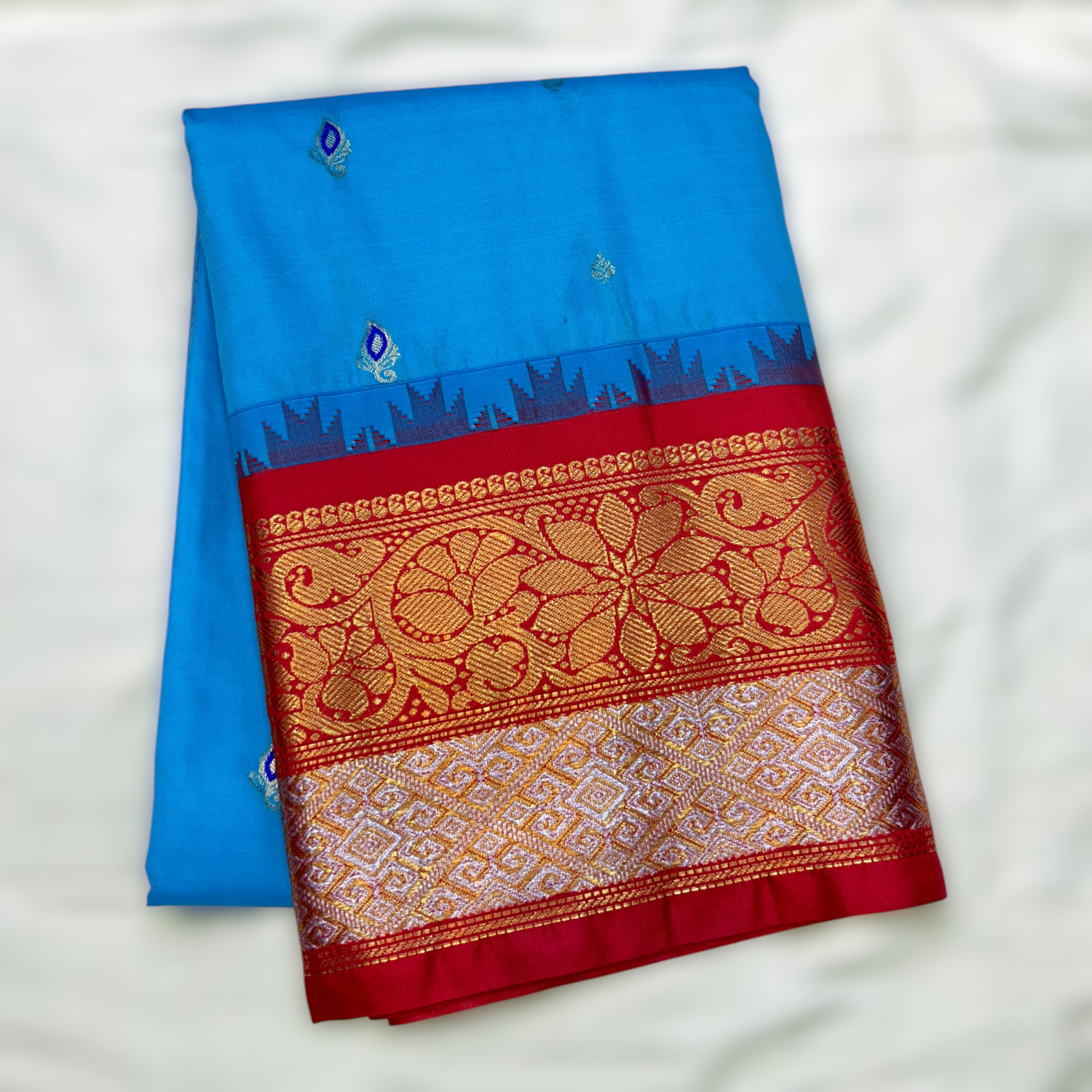 Bright Blue Red Premium Semi Gadwal Saree