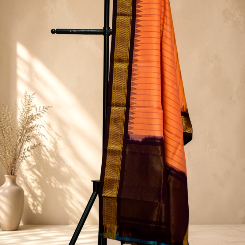 Orange & Wine Dual Shade Pure Handloom Gadwal Dupatta
