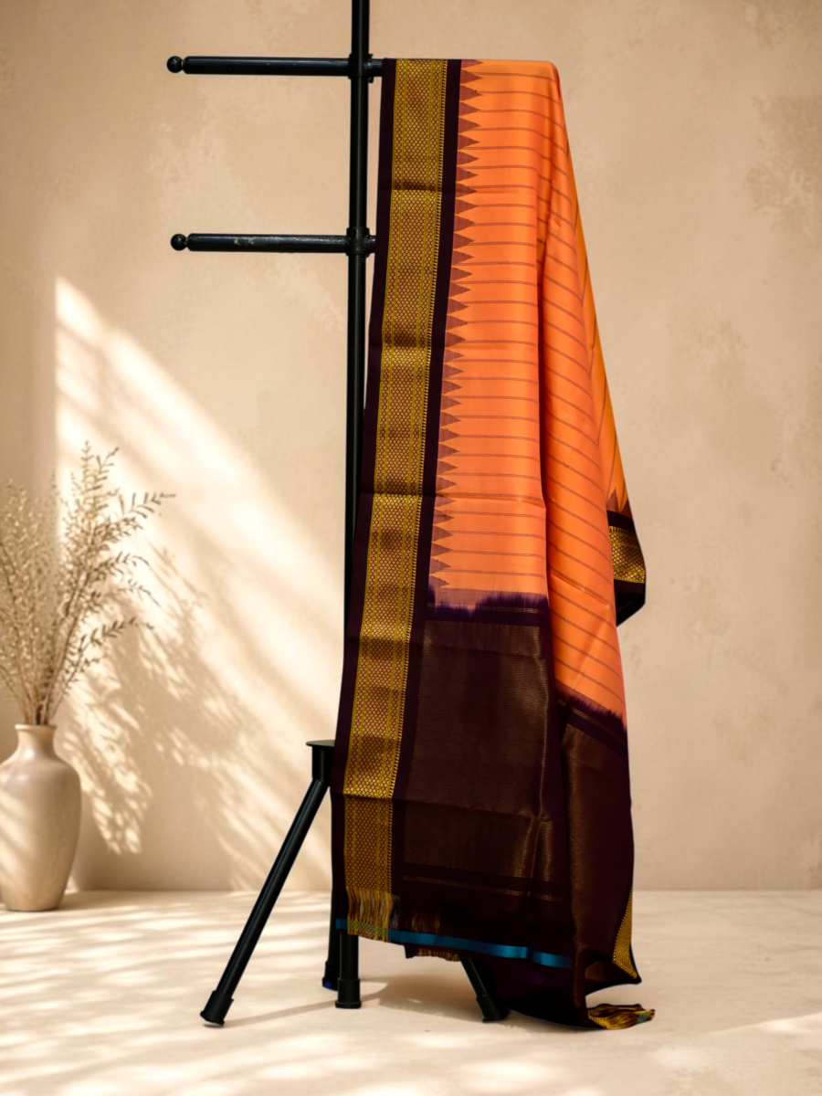Orange & Wine Dual Shade Pure Handloom Gadwal Dupatta