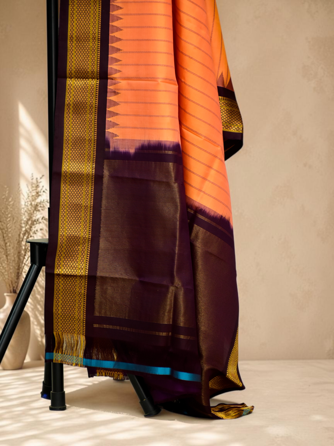 Orange & Wine Dual Shade Pure Handloom Gadwal Dupatta