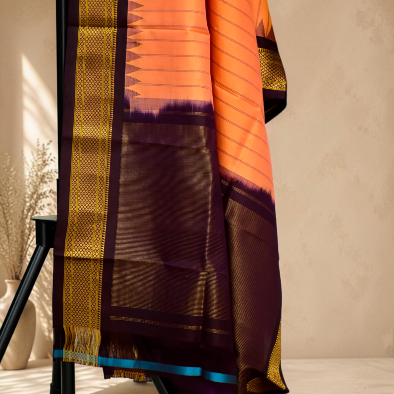 Orange & Wine Dual Shade Pure Handloom Gadwal Dupatta - view 3