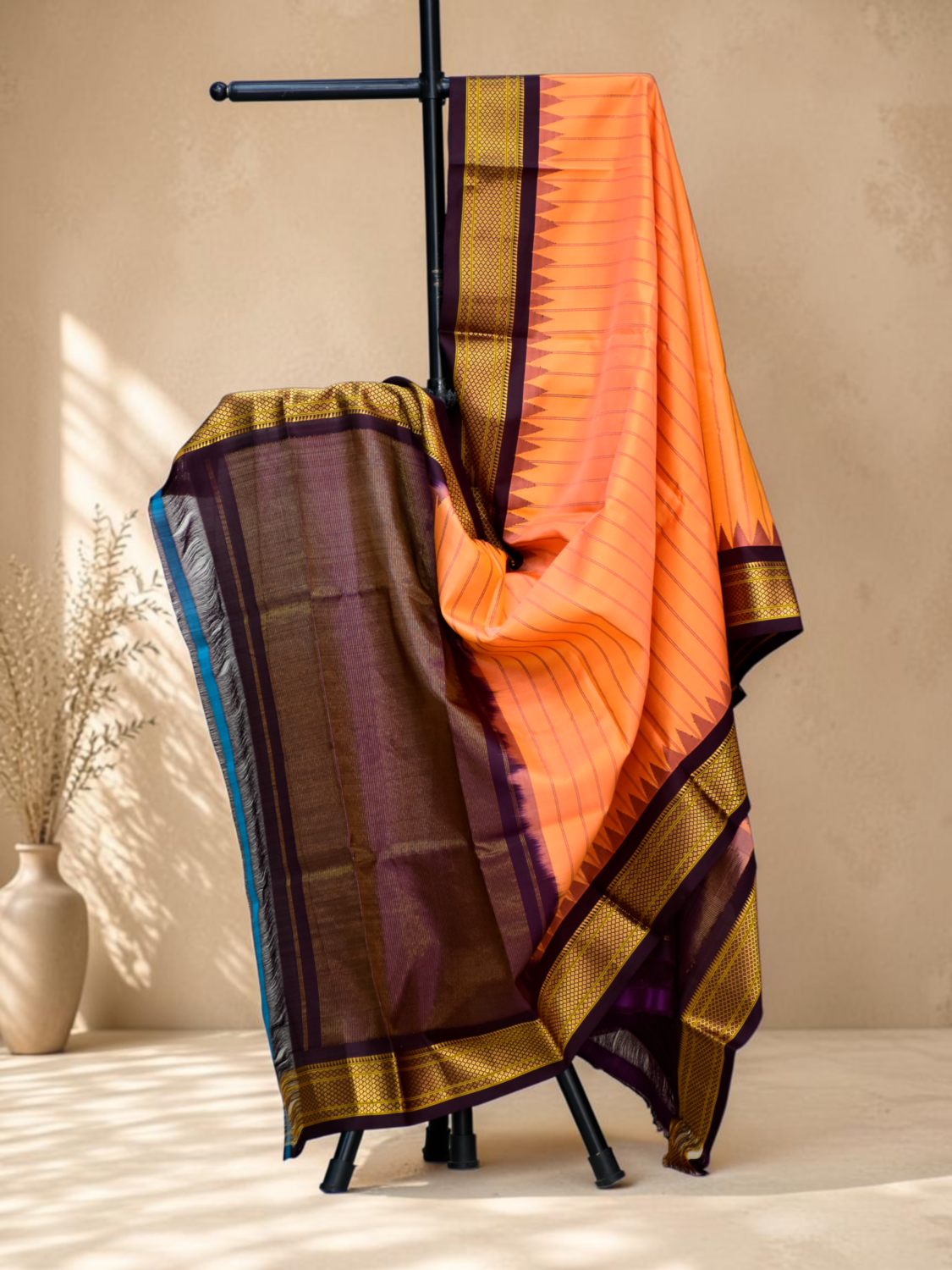 Orange & Wine Dual Shade Pure Handloom Gadwal Dupatta