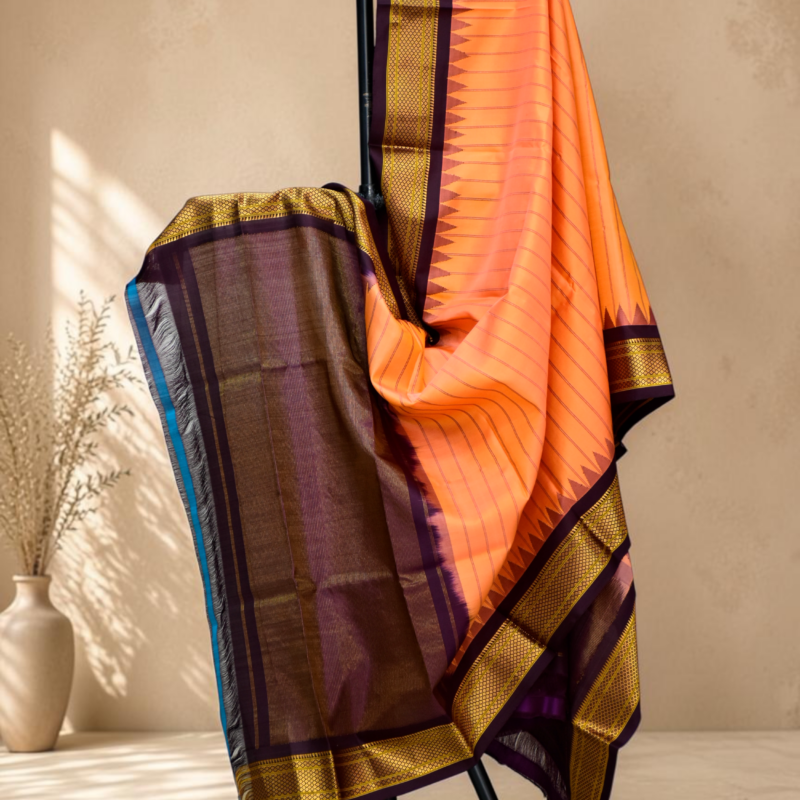 Orange & Wine Dual Shade Pure Handloom Gadwal Dupatta - view 4