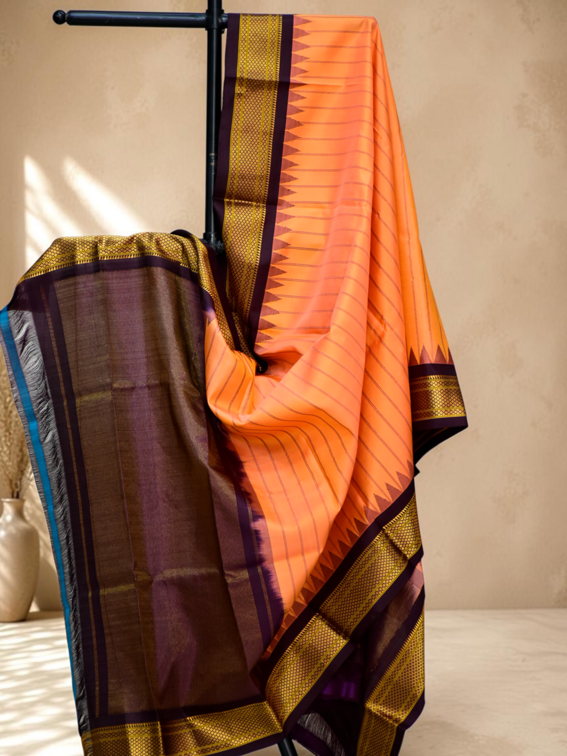 Orange & Wine Dual Shade Pure Handloom Gadwal Dupatta