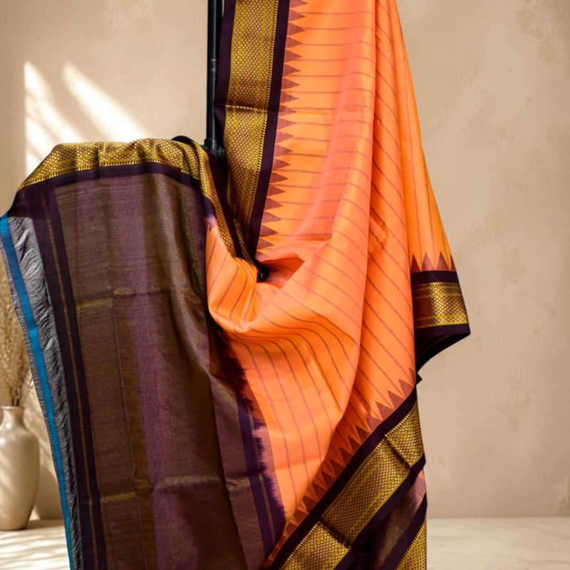 Orange & Wine Dual Shade Pure Handloom Gadwal Dupatta - view 2
